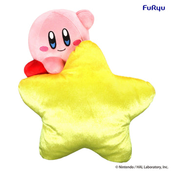 FuRyu Kirby Star Grip plush toy featuring the iconic pink character peeking over a large, soft yellow plush star against a white background.