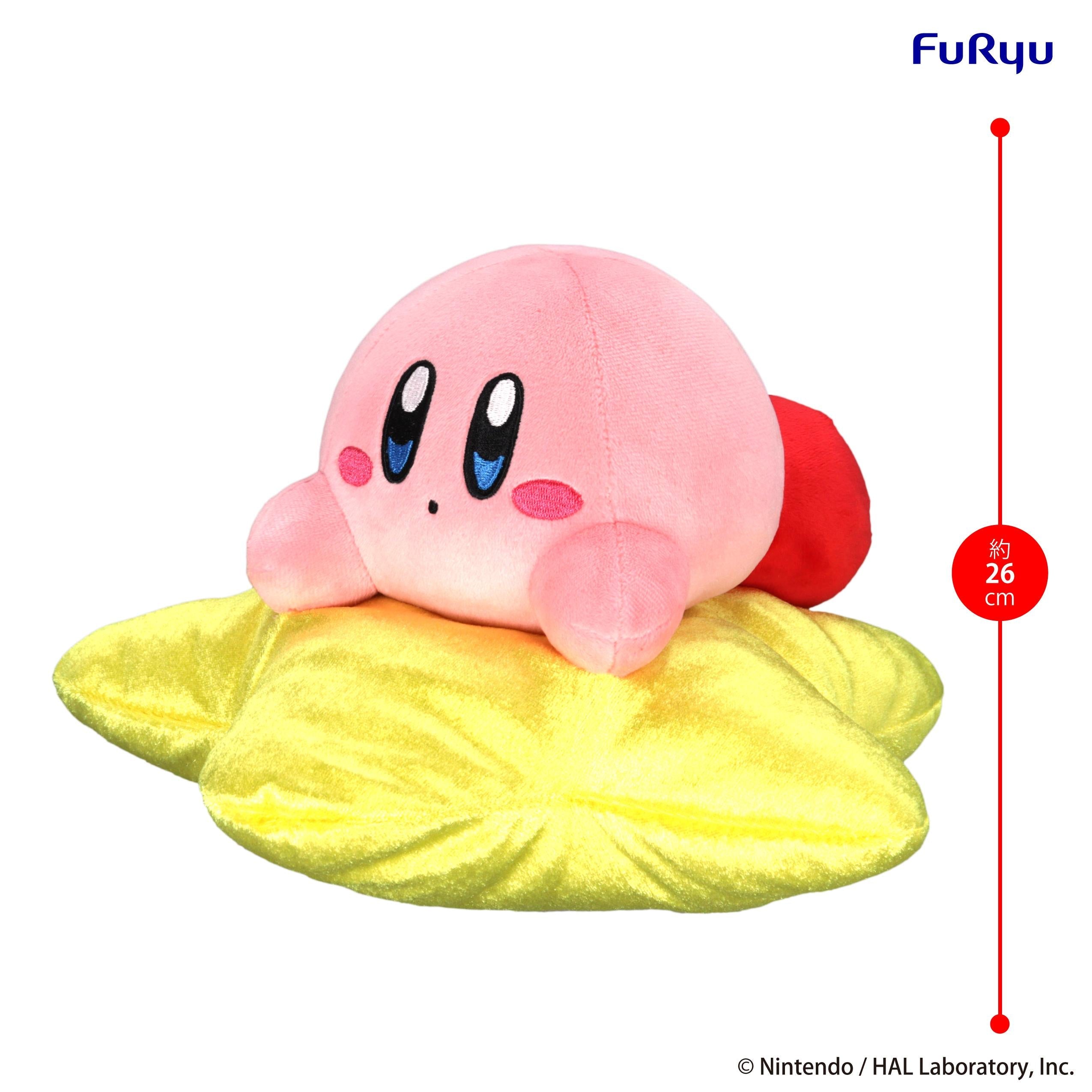 FuRyu Kirby Star Nap plush toy with a red vertical scale indicator line showing the height is approximately 26 centimeters.