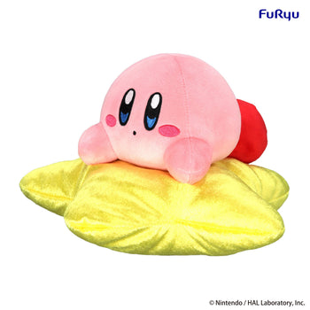 FuRyu Kirby Star Nap plush toy showing the pink character lying on his stomach resting on a soft yellow plush star against a white background.