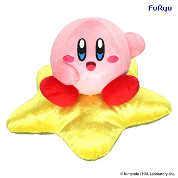 FuRyu Kirby Star Seat plush toy featuring the iconic pink Nintendo character sitting directly on top of a soft, plush yellow Warp Star against a white background.
