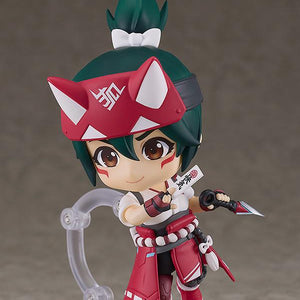 Articulated Kiriko Nendoroid action figure posing dynamically on its clear stand while showcasing her proud expression face plate.