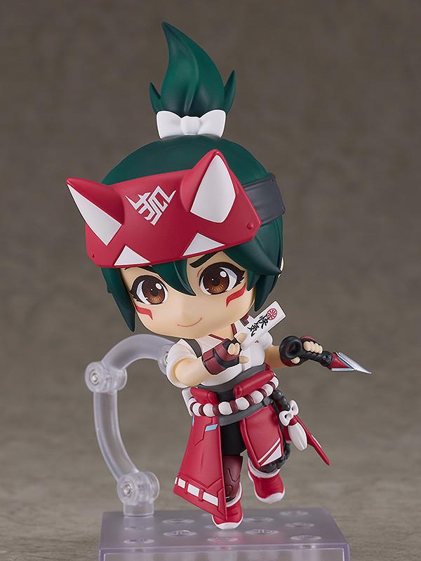 Articulated Kiriko Nendoroid action figure posing dynamically on its clear stand while showcasing her proud expression face plate.