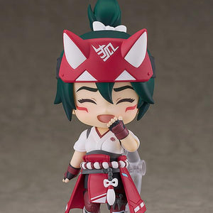 Adorable posing of the Kiriko Nendoroid figure showing her smiling face plate while giggling with a hand covering her mouth.