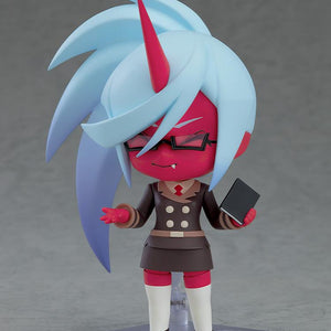 Close-up view of the Kneesocks Nendoroid figure with a subtle smiling face plate, holding her signature black book accessory.