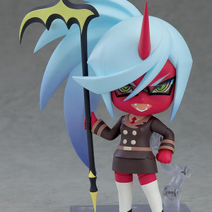 Kneesocks Nendoroid figure with a sharp-toothed taunting expression plate, wielding her large transformed black and gold scythe weapon accessory.