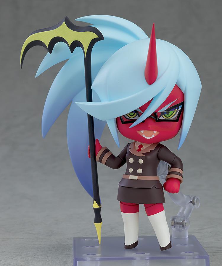 Kneesocks Nendoroid figure with a sharp-toothed taunting expression plate, wielding her large transformed black and gold scythe weapon accessory.