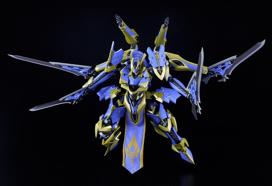 Dynamic action pose of the MODEROID Ikaruga model kit with all four sub-arms deployed.