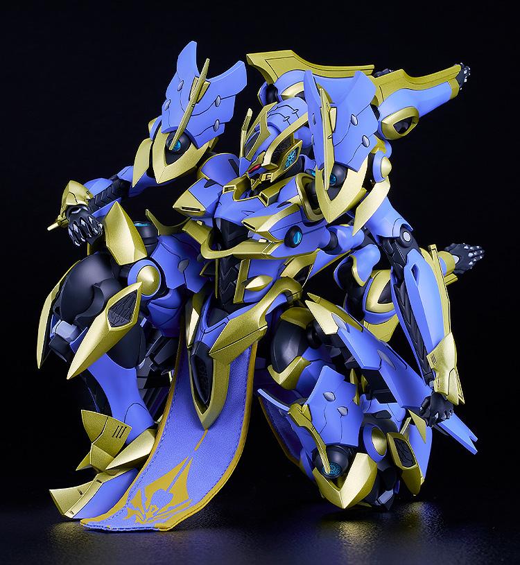 The highly detailed Ikaruga model kit demonstrating articulation in a kneeling pose.