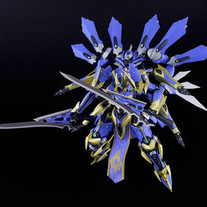 The combined Magatsu-Ikaruga model kit in a dynamic battle pose wielding its Sword Cannons.