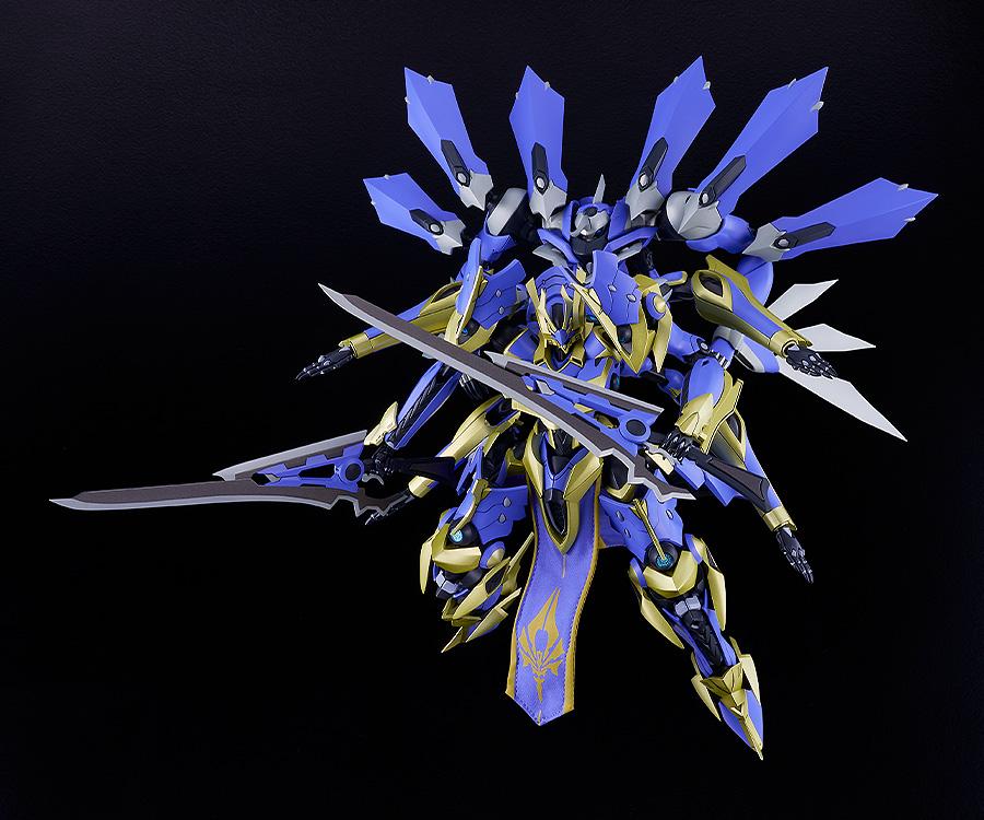 The combined Magatsu-Ikaruga model kit in a dynamic battle pose wielding its Sword Cannons.