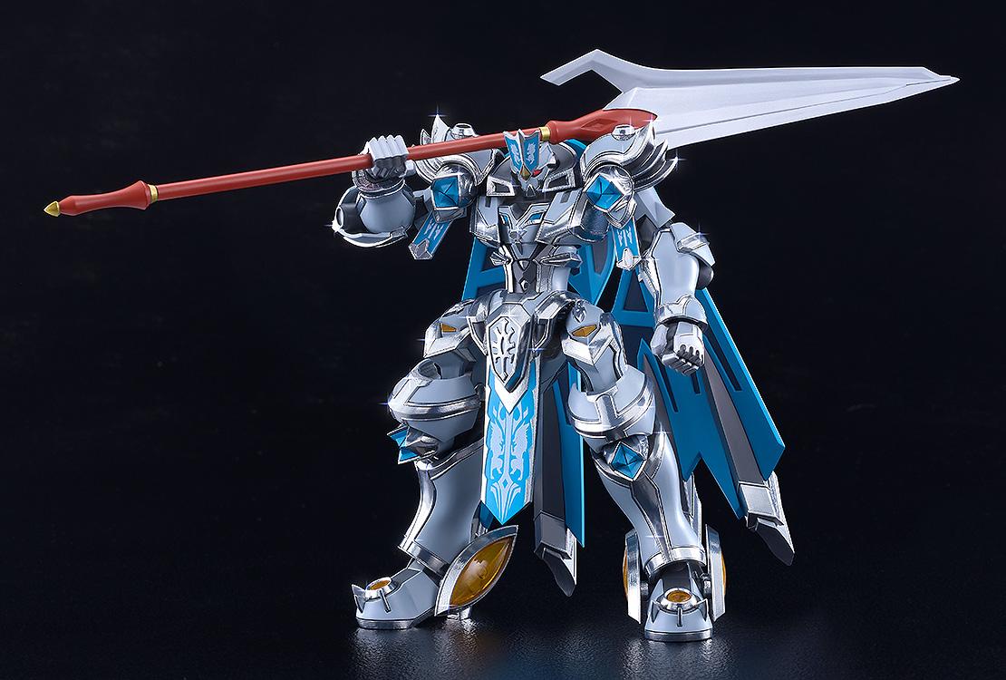 Knight's & Magic Moderoid Gilbatiga Royal Metallic model kit standing on a black surface showcasing glossy silver plated armor and blue accents.