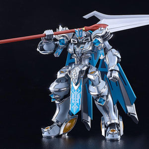 Knight's & Magic Moderoid Gilbatiga Royal Metallic model kit standing on a black surface showcasing glossy silver plated armor and blue accents.
