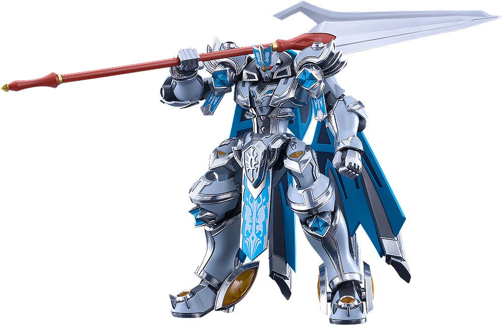 Moderoid Gilbatiga Royal Metallic Version model kit standing while holding its red and silver halberd horizontally across its shoulder on a white background.