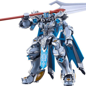 Moderoid Gilbatiga Royal Metallic Version model kit standing while holding its red and silver halberd horizontally across its shoulder on a white background.