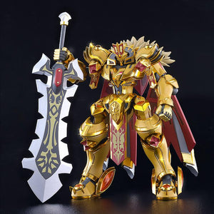 Knight's & Magic Moderoid Goldleo Royal Metallic model kit standing on a black surface showcasing gleaming gold plated armor and maroon accents.