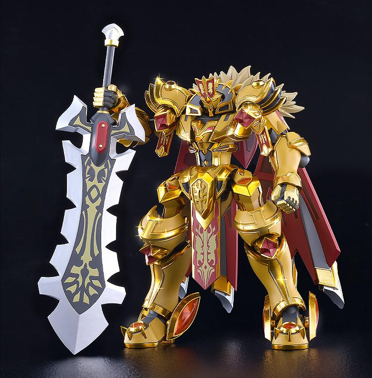 Knight's & Magic Moderoid Goldleo Royal Metallic model kit standing on a black surface showcasing gleaming gold plated armor and maroon accents.