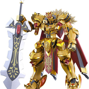 Moderoid Goldleo Royal Metallic Version model kit standing with its large jagged greatsword on a clean white background.