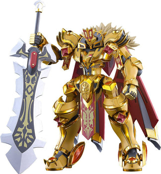 Moderoid Goldleo Royal Metallic Version model kit standing with its large jagged greatsword on a clean white background.