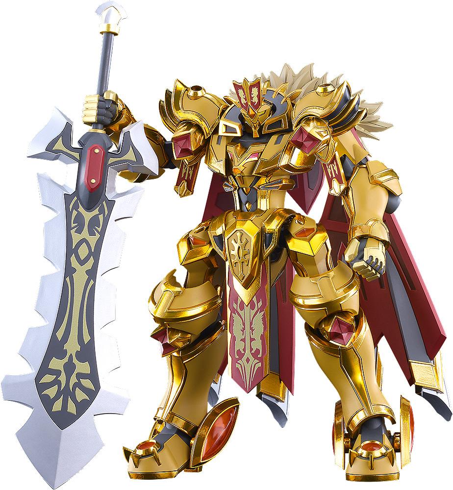 Moderoid Goldleo Royal Metallic Version model kit standing with its large jagged greatsword on a clean white background.