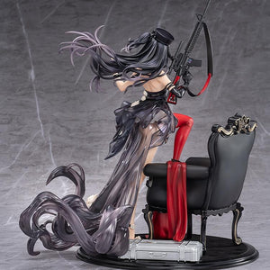 Full side view of the Diane: Banquet Dance figure, showing the scale and movement of her long flowing hair and the elegant drape of her translucent dress as she poses with the chair.