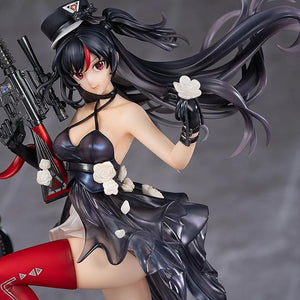 Frontal close-up of the Diane figure's head and chest, emphasizing her expression and the white flower she holds in her gloved hand, along with the detailing of her top hat and red eye shadow.