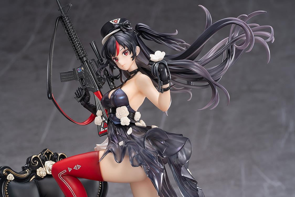Close-up of the Diane figure's upper body and face, highlighting her red eyes, small black hat, and the detail of the assault rifle held over her shoulder.
