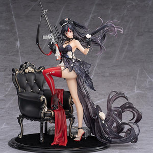 Wide shot of the Diane: Banquet Dance figure, showing her in a graceful pose next to an ornate black velvet chair, with her long, flowing dark hair and the M4 rifle she's holding.