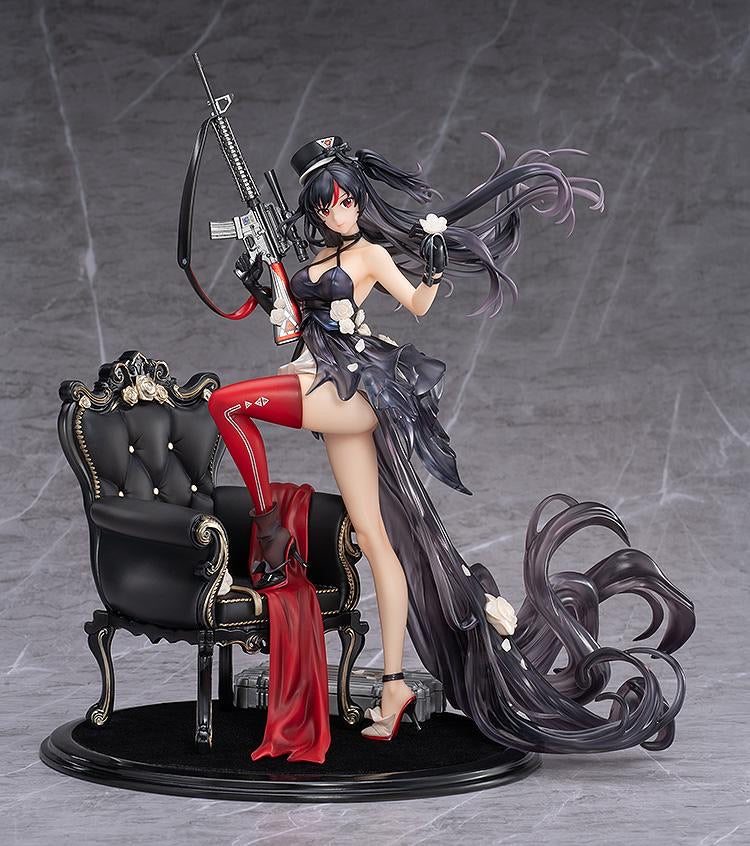 Wide shot of the Diane: Banquet Dance figure, showing her in a graceful pose next to an ornate black velvet chair, with her long, flowing dark hair and the M4 rifle she's holding.
