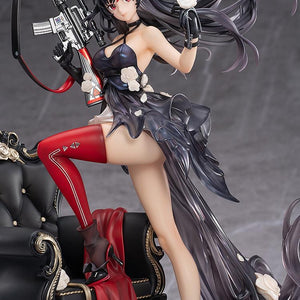 Medium shot of the Diane figure, focusing on the smooth sculpt of her legs, the striking red stockings with triangular markings, and her pose with her leg resting on the chair.