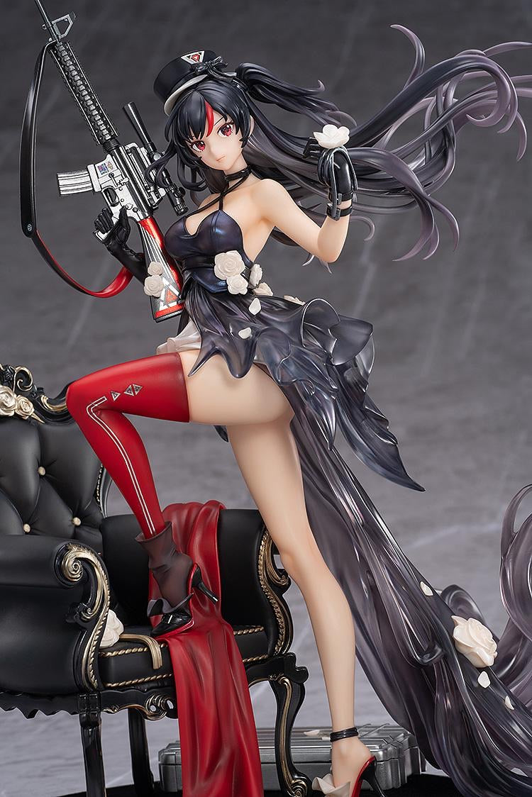 Medium shot of the Diane figure, focusing on the smooth sculpt of her legs, the striking red stockings with triangular markings, and her pose with her leg resting on the chair.