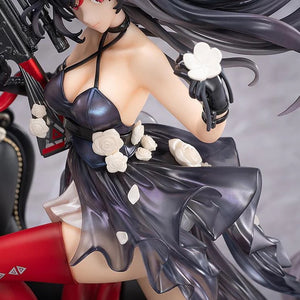 Close-up on the figure's torso, emphasizing the sheen and gradient effect of her translucent dress, the white rose accents, and the cleavage-bearing neckline of her outfit.