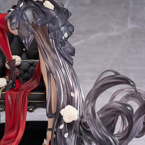 Close-up of the figure's lower body, highlighting the dynamic sculpt and purple gradation of the long trailing hair and the flowing, sheer material of the black skirt adorned with white roses.