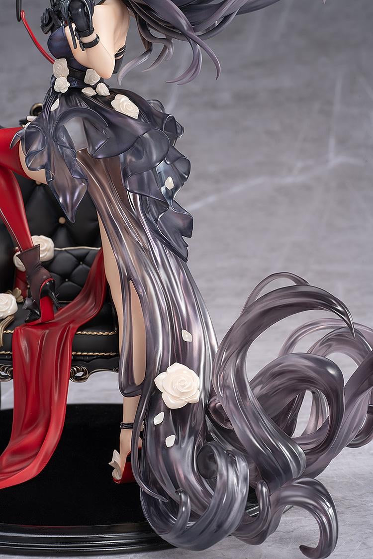 Close-up of the figure's lower body, highlighting the dynamic sculpt and purple gradation of the long trailing hair and the flowing, sheer material of the black skirt adorned with white roses.