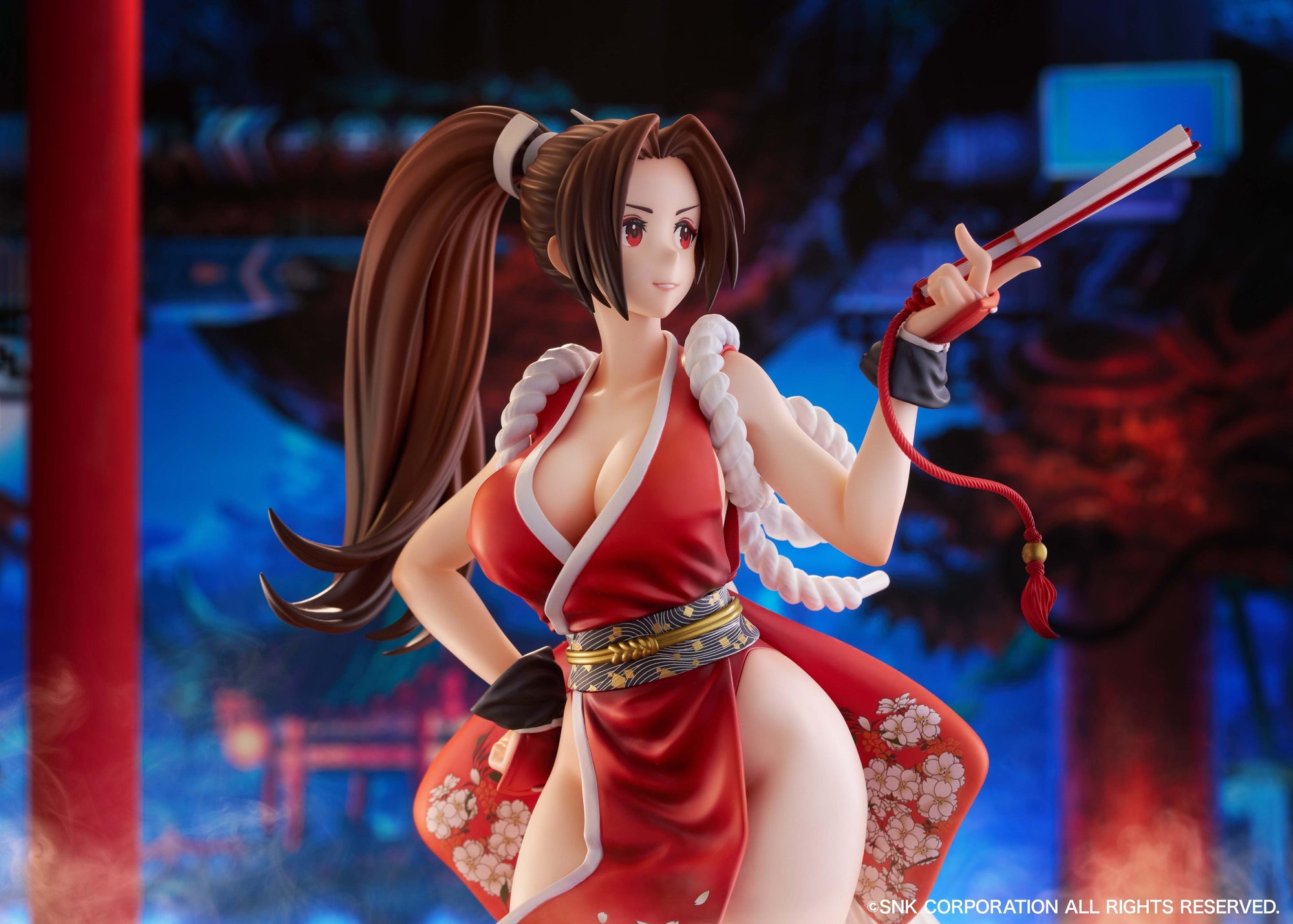 Full body cinematic view of Mai Shiranui from King of Fighters XV in her iconic red ninja outfit.