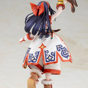 Rear left angle of Nakoruru holding hawk Mamahaha high with detailed feathers and coat pattern in focus