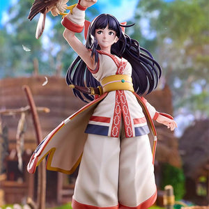 Full figure shot of Nakoruru posing with hawk Mamahaha in a natural village environment
