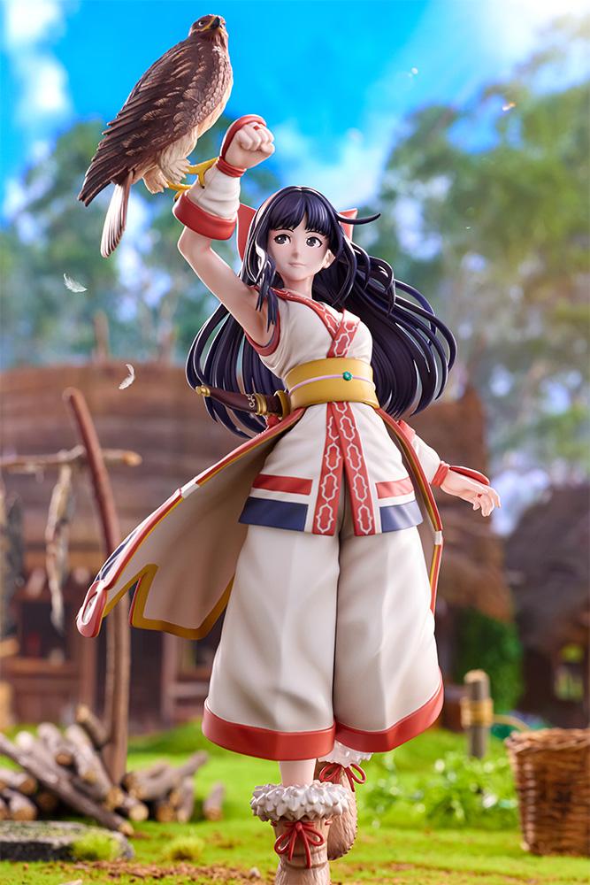 Full figure shot of Nakoruru posing with hawk Mamahaha in a natural village environment