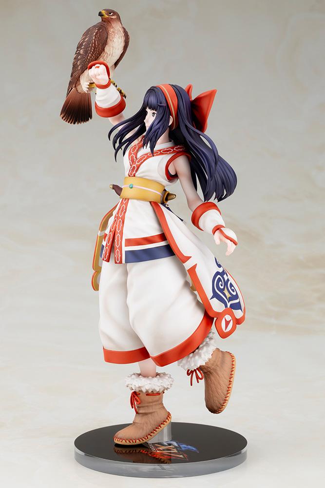 Side profile angle of Nakoruru figure displaying her side-sheathed dagger, boots, and long flowing hair