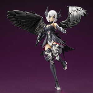 Kotobukiya Arcanadea Lumitea ReACT-A model kit in Wilize Mode hovering with large black feathered wings spread on a purple background.