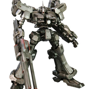 Front product shot of the assembled Kotobukiya Armored Core Crest CR-C90U3 1/72 scale model kit, showcasing the dark metallic gunmetal finish, bipedal mech design, and handheld railgun on a white background.