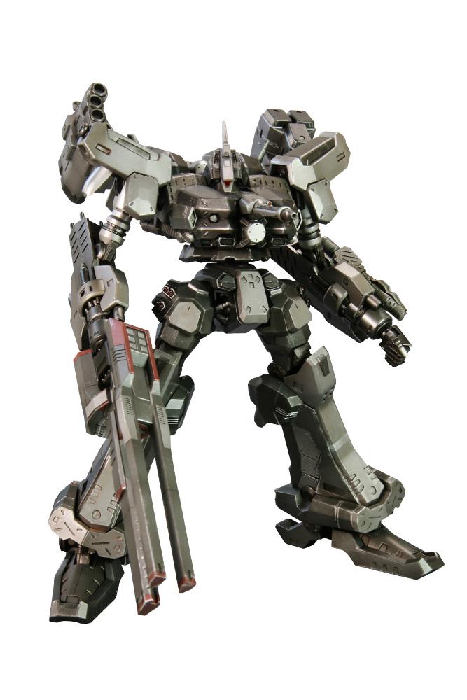 Front product shot of the assembled Kotobukiya Armored Core Crest CR-C90U3 1/72 scale model kit, showcasing the dark metallic gunmetal finish, bipedal mech design, and handheld railgun on a white background.
