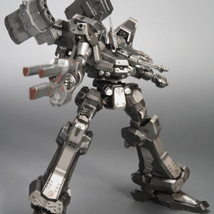 Dynamic low-angle perspective shot of the Armored Core Crest CR-C90U3 model kit pointing its long handheld railgun directly toward the camera lens.
