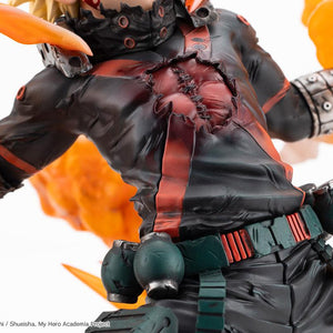 Close-up detail of Katsuki Bakugo's battle-damaged hero suit showing stitched chest injury sculpt and grenade belt.