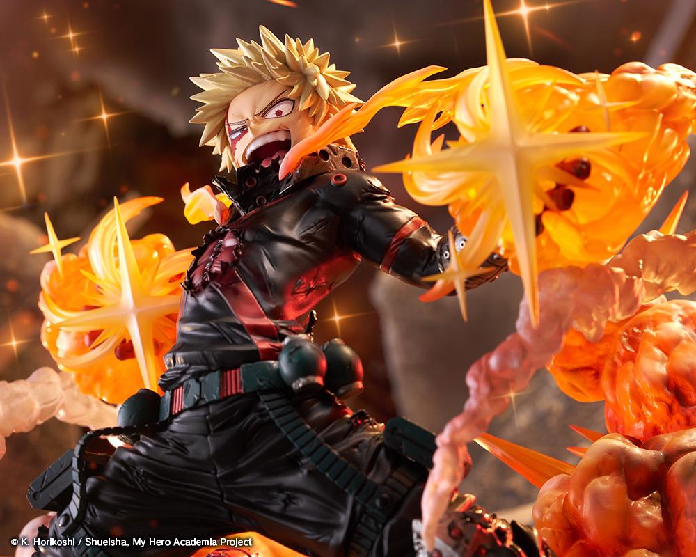 Wide cinematic close-up showcasing Katsuki Bakugo's awakened face and glowing clear orange blast effect parts.