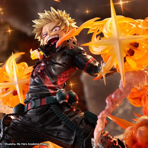 Wide cinematic close-up showcasing Katsuki Bakugo's awakened face and glowing clear orange blast effect parts.
