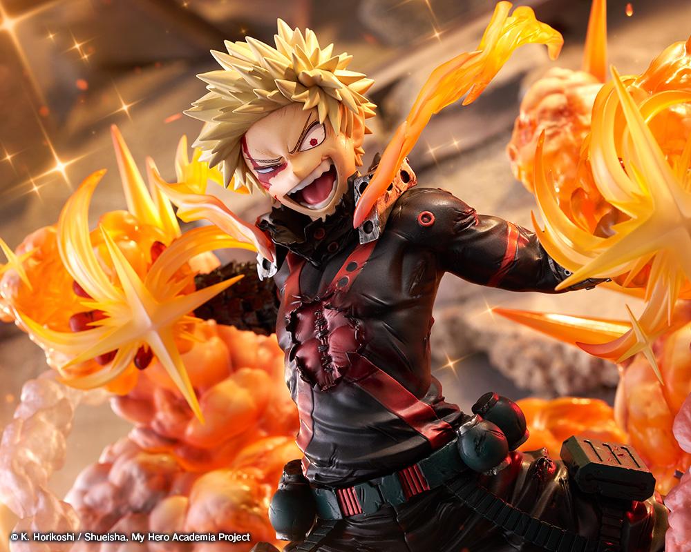 Medium cinematic shot of Katsuki Bakugo unleashing dual full-power explosion blasts during the final battle.