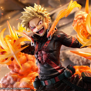 Medium cinematic shot of Katsuki Bakugo unleashing dual full-power explosion blasts during the final battle.