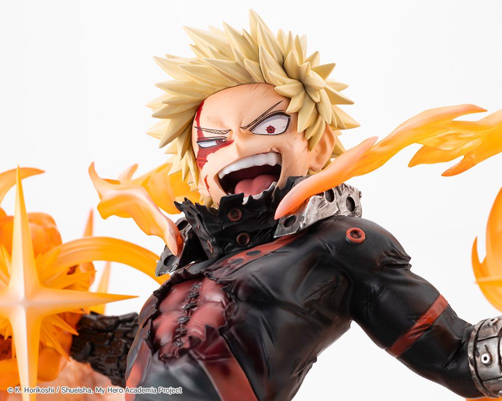 Close-up portrait of Katsuki Bakugo's intense battle-damaged expression with eye scar and blast flashes.