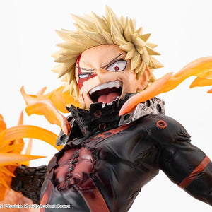 Close-up portrait of Katsuki Bakugo's intense battle-damaged expression with eye scar and blast flashes.