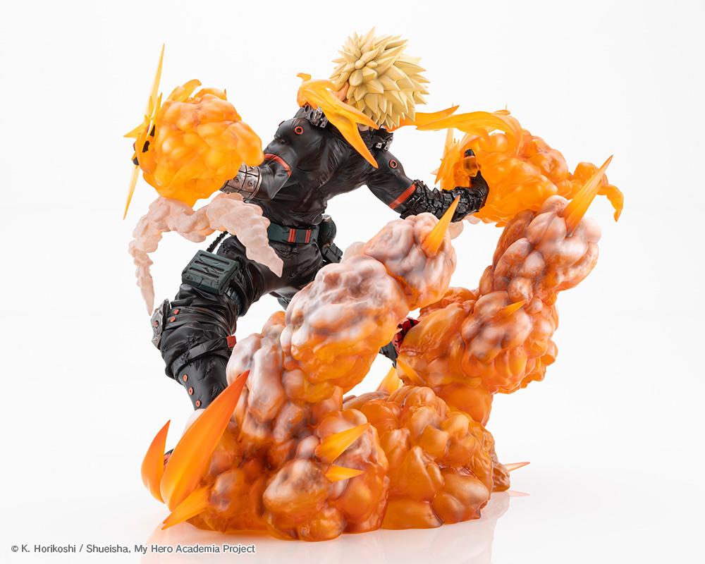 Side profile angle showing detailed explosion smoke plume base and cross-shaped blast effects on Katsuki Bakugo figure.